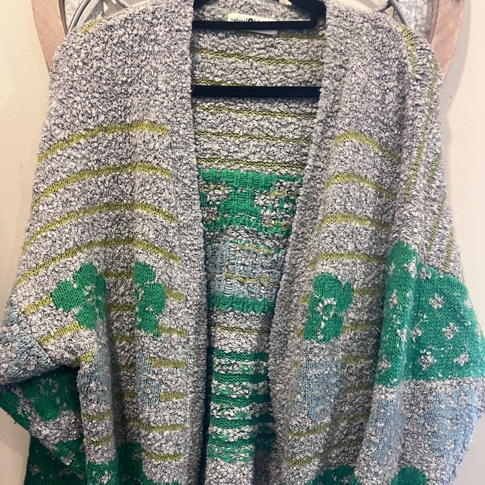 NATURAL LIFE Gray & Green Bouclé Open-Front Cardigan